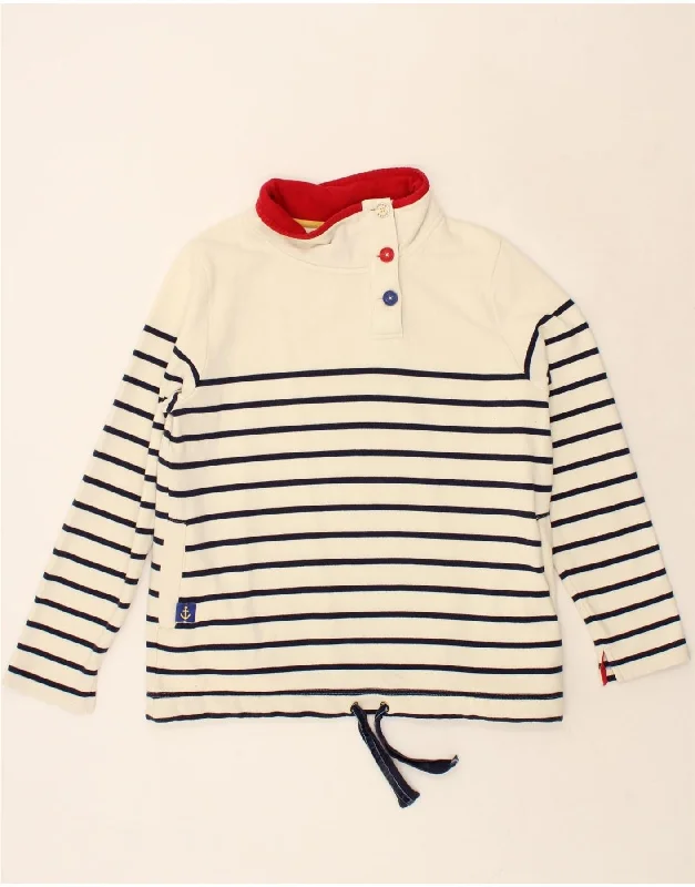 JOULES Womens Button Neck Sweatshirt Jumper UK 14 Large Off White Striped Hoodie with Puffed Sleeves Voluminous Trendy