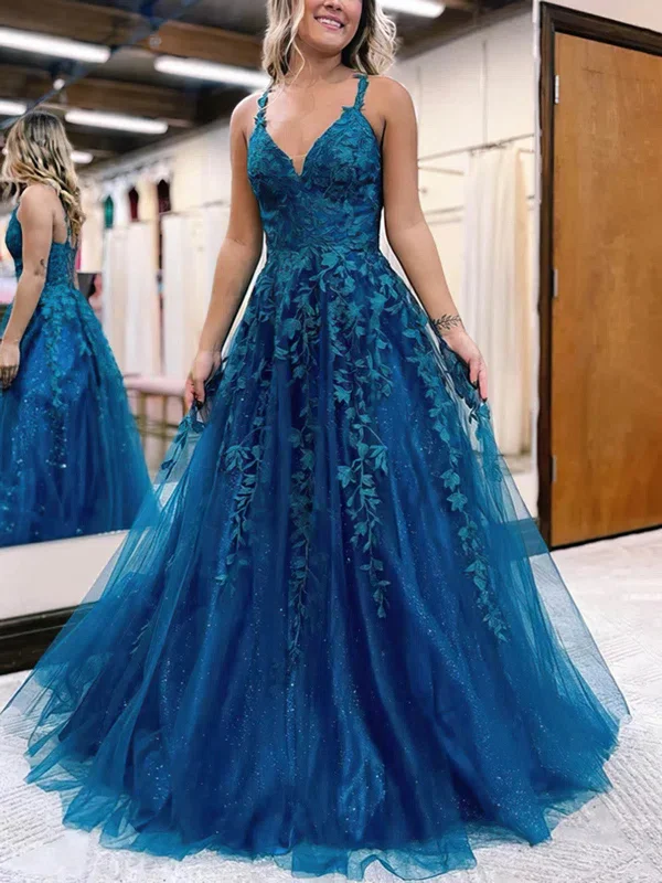 Blue Tulle with Lace Applique Straps Low Back Party Dress, Blue Prom Dress Bodycon Fitted Nightout