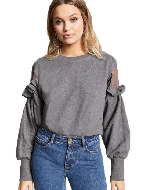 SOLID DARK GREY WOMEN CASUAL SWEATSHIRT MESH Hoodie with Back Slit Movement Comfort