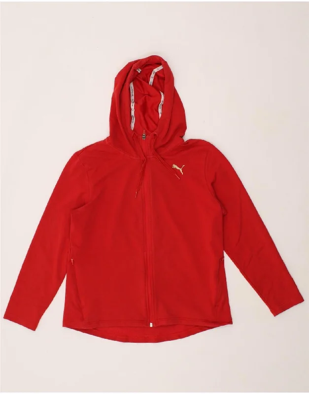 PUMA Womens Graphic Zip Hoodie Sweater UK 14 Large Red Cotton Hoodie with Hem Frayed Vintage Worn