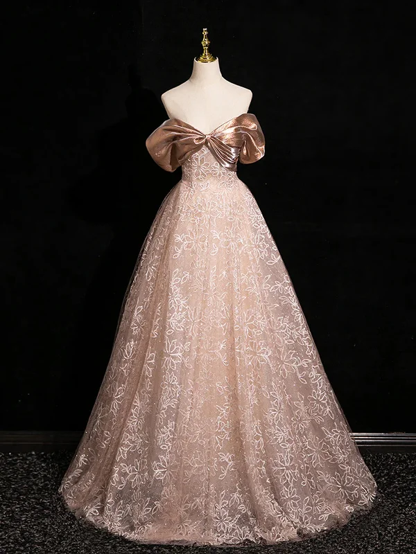 Champagne Lace Off Shoulder A-line Sweetheart Party Dress, Champagne Prom Dress Tunics Travel practical