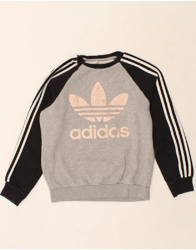 ADIDAS Womens Graphic Sweatshirt Jumper UK 12 Medium Grey Colourblock Hoodie with V-Neck Classic Versatile