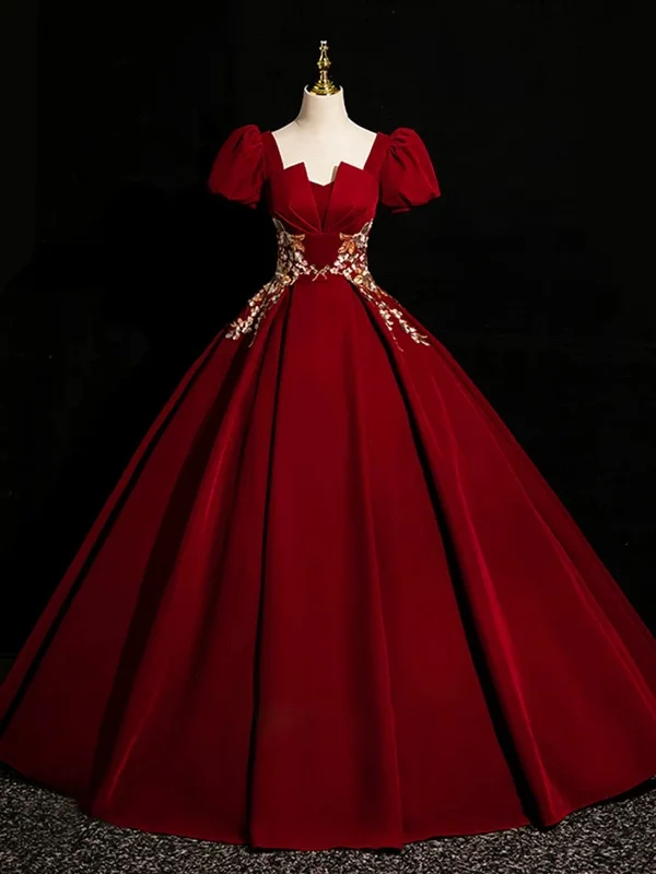 Wine Red Satin Short Sleeves Prom Dress, Wine Red Satin Party Dress Tunics Evening elegant