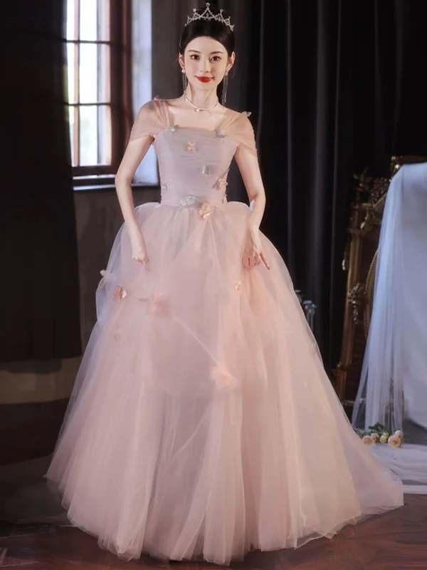 Pink and Blue Straps Tulle Scoop Long Party Dress, Pink and Blue Prom Dress Satin Halter Glamorous