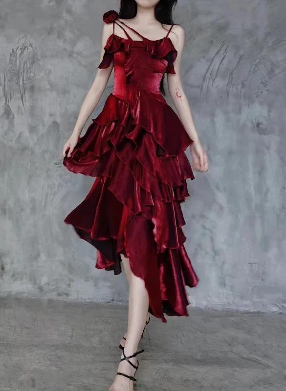 Wine Red High Low Satin Vintage Style Party Dress, Wine Red Long Prom Dress Tunics Summer linen