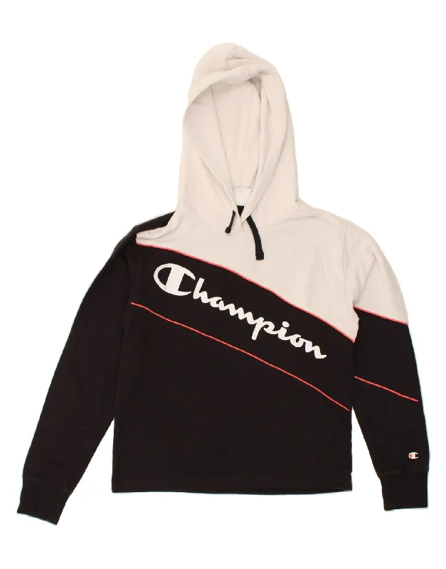 CHAMPION Womens Graphic Hoodie Jumper UK 12 Medium Black Colourblock Hoodie with Patch Decorative Personalized