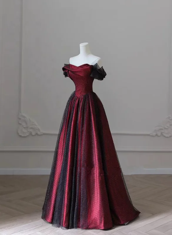 Black and Red Long Party Dress, Off Shoulder Tulle A-line Prom Dress Tunics Seasonal trendy