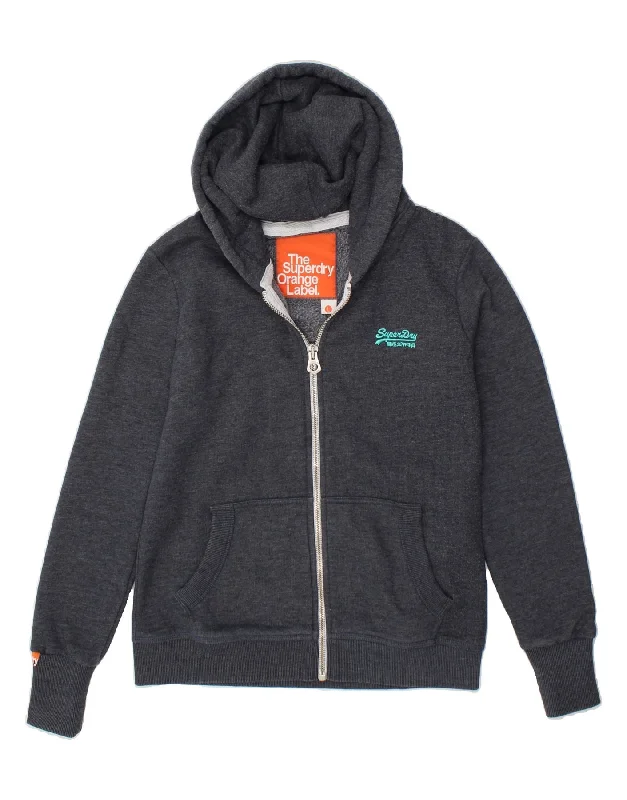 SUPERDRY Womens Zip Hoodie Sweater UK 16 Large Navy Blue Cotton Hoodie with Strings Custom Fit Adjustable