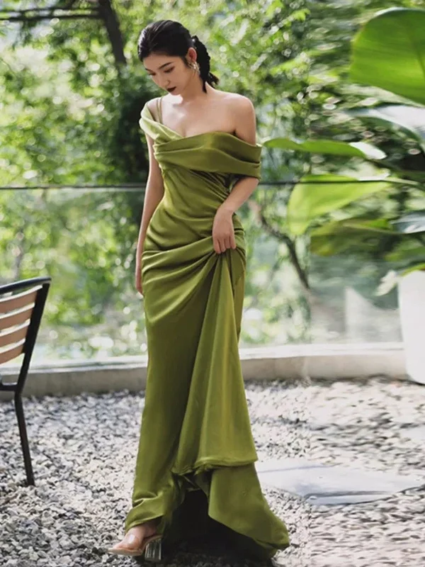 Green Soft Satin Off Shoulder Long Party Dress, Green Satin Evening Dress Prom Dress Tunics Occasion special
