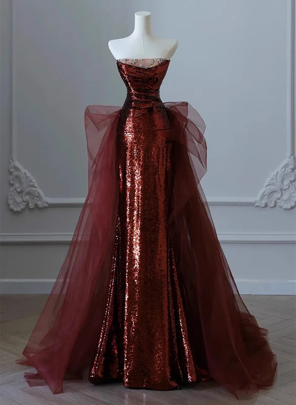 Wine Red Sequins and Tulle Long Party Dress, Wine Red Evening Dress Prom Dress Tunics Wedding white