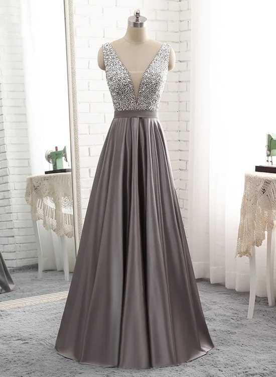 Sparkle Beaded Top with Grey Satin Skirt Long Party Dresses, Grey Prom Dress , Formal Dresses Tunics Occasion special