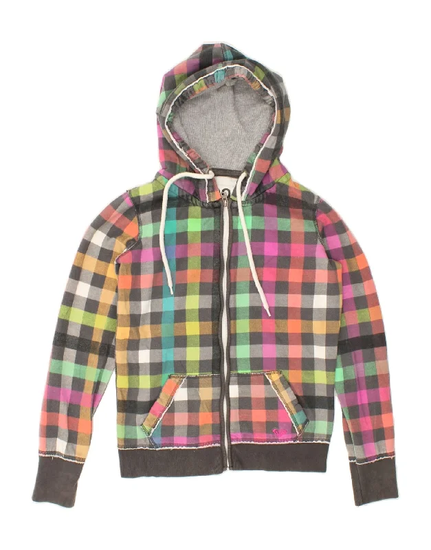 ROXY Womens Zip Hoodie Sweater UK 14 Medium Multicoloured Check Cotton Graphic Hoodie Design Print