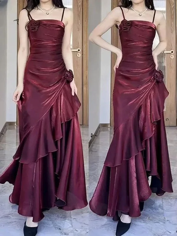 Vintage Square Neckline Wine Red Party Dress, Wine Red Spaghetti Straps Prom Dress Tunics Trousers formal