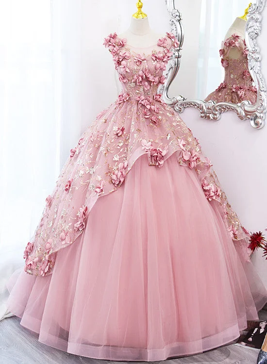 Lovely Pink Tulle Long Party Dress with Flowers, Pink Tulle Sweet 16 Gown Tunics Summer linen