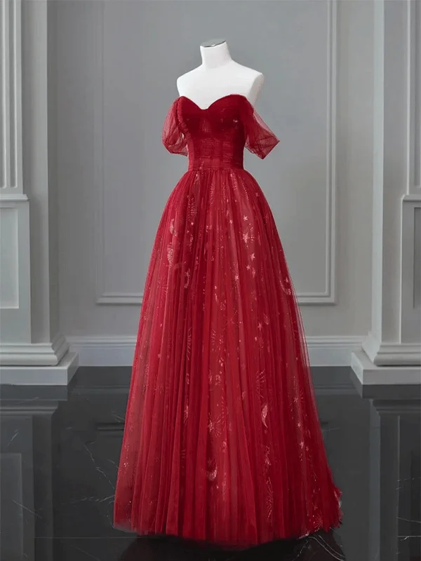 Lovely Wine Red Floor Length Sweetheart Tulle Party Dress, Wine Red Prom Dress Tunics Designer luxury
