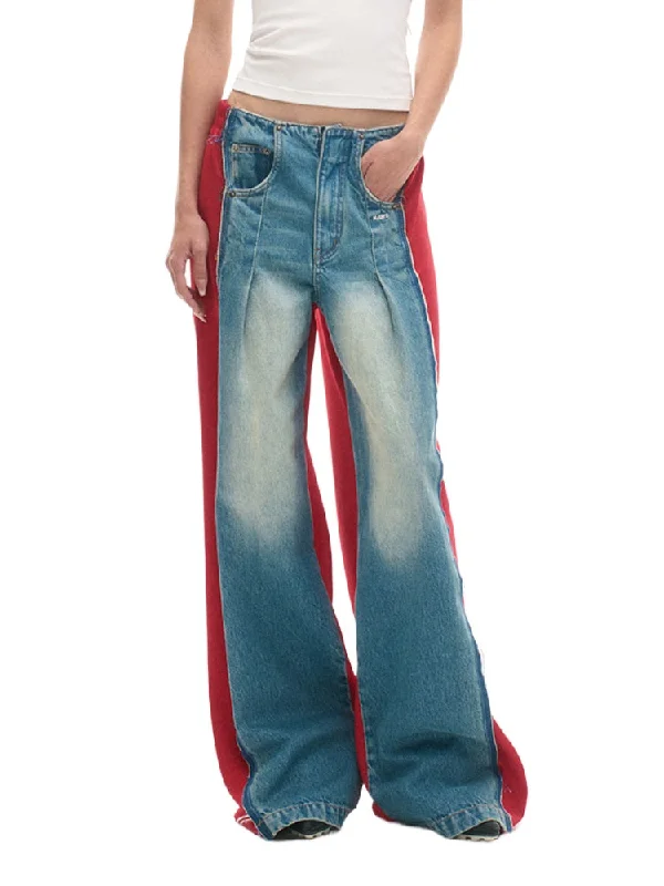 Elastic-Waist Color-Blocked Wide-Leg Pants Casual Drawstring Pants