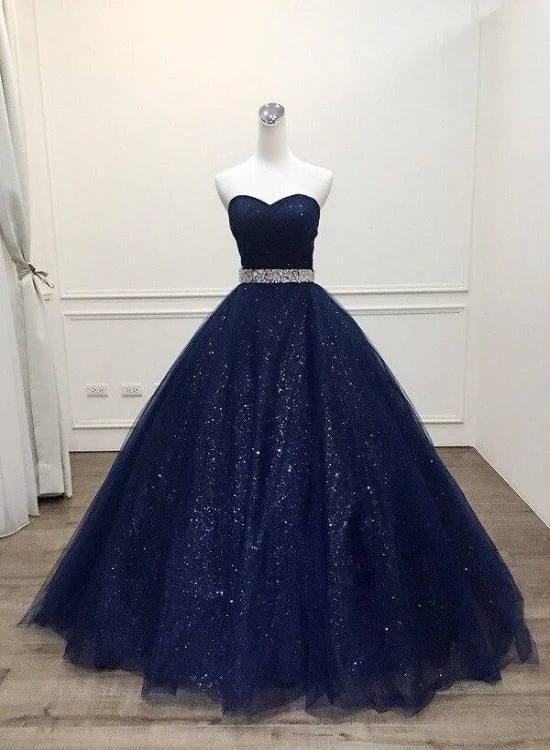 Navy Blue Shiny Tulle Sweetheart Beaded Waist Long Party Dress, Blue Formal Dress Prom Dress Tunics Yoga stretchy