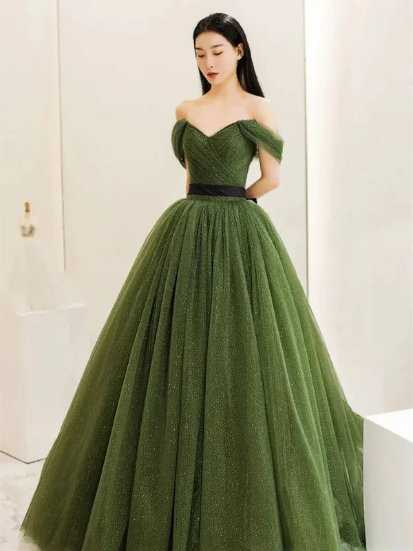 Green Sweetheart Shiny Tulle Off Shoulder Party Dress, Green Long Prom Dress empire Waist empire
