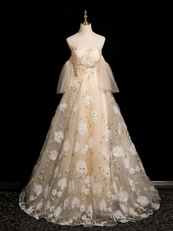 Champagne A-line Sweetheart Floral Tulle Party Dress, Long Tulle Prom Dress Tunics Satin smooth