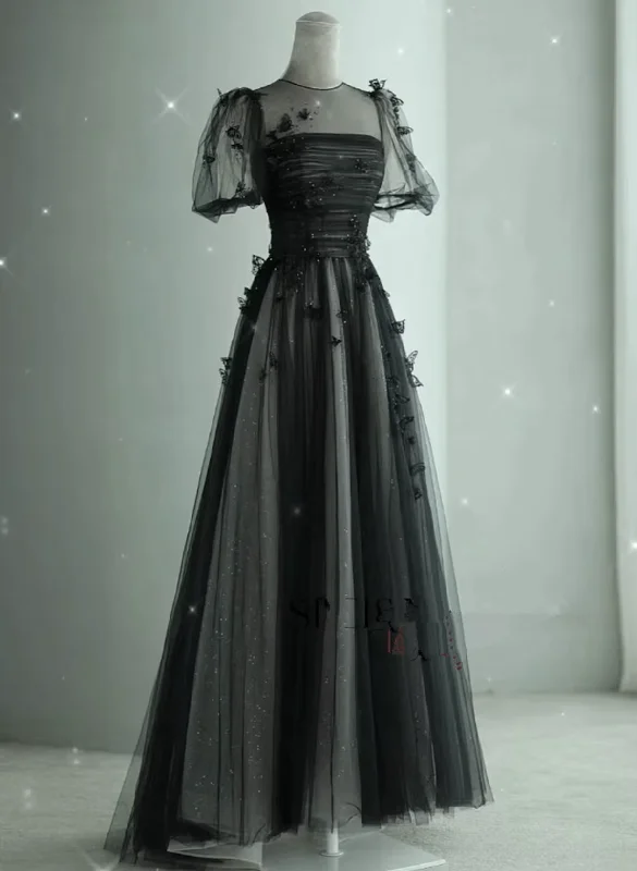 Black Tulle Puffy Short Sleeves A-line Prom Dress, Black Evening Dress Party Dress Tunics Business professional