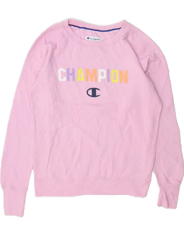 CHAMPION Womens Graphic Sweatshirt Jumper UK 10 Small Pink Hoodie with Hem Detail Decorative Unique