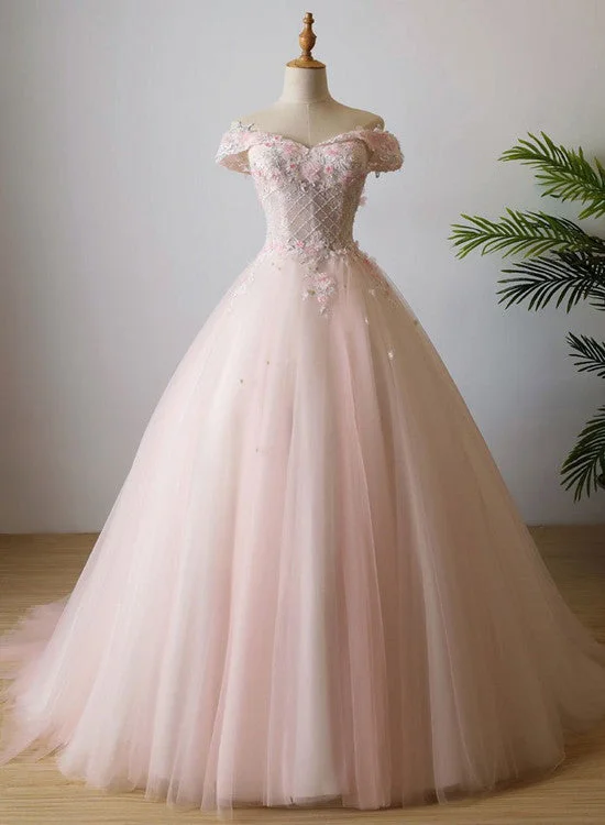 Lovely Light Pink Sweetheart Flowers Tulle Party Dress, Pink Prom Dress Tunics Bridal satin