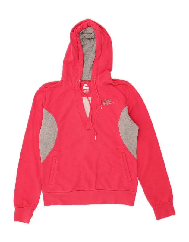 NIKE Womens Hoodie Jumper UK 10/12 Medium Pink Colourblock Cotton Hoodie Crop Top Short Trendy