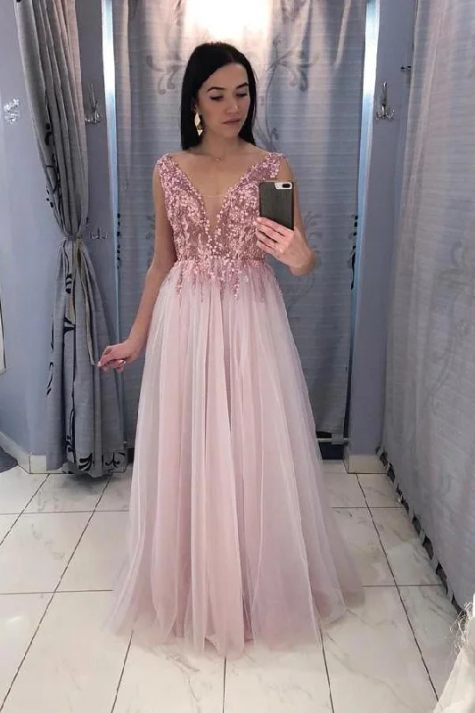 A-Line V-Neck Floor-Length Pink Prom Party Dress with Sequins DML69 Tunics stripes playful