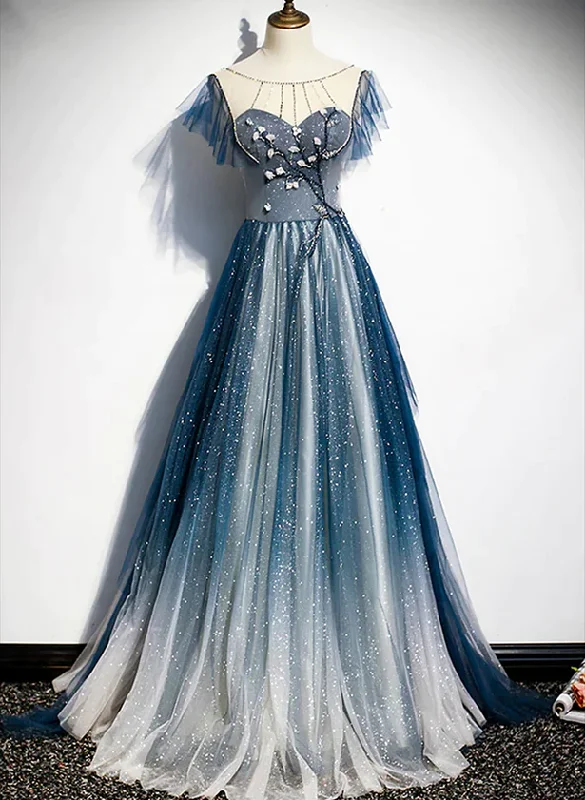 Blue A-line Round Neckline Beaded Prom Dress, Blue Round Neckline Party Dress Tunics Cozy comfortable