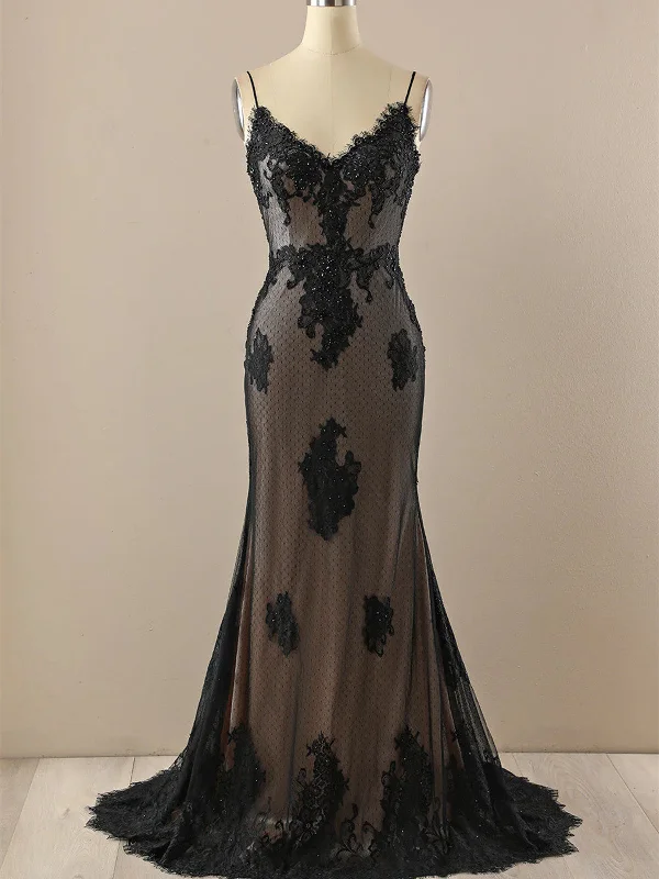 Black Mermaid Lace Straps Evening Dress Party Dress, Black Long Prom Dress Tunics Solid Classic