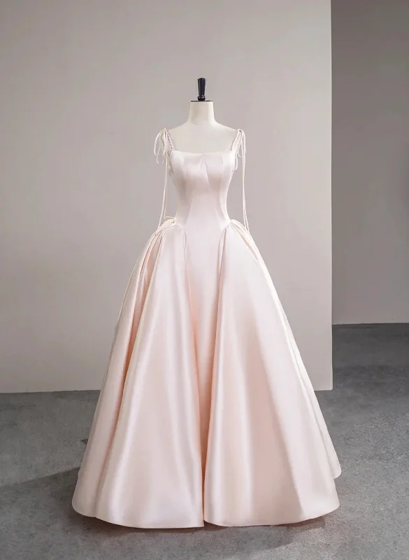 Pink Satin Straps Long Party Dress, A-line Pink Formal Dress Prom Dress Tunics Business professional