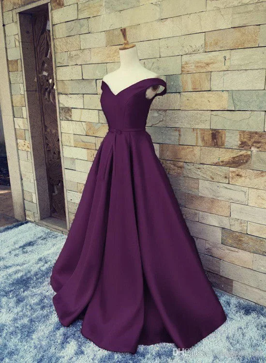 Satin Dark Purple V-neckline Long Formal Dress, Charming Party Dresses, Satin Junior Prom Dress Chiffon Maxi Beach