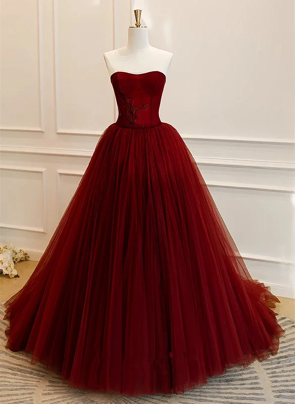 Wine Red Tulle Scoop Long Formal Dress, Wine Red Tulle Prom Dress Party Dress Tunics stripes playful