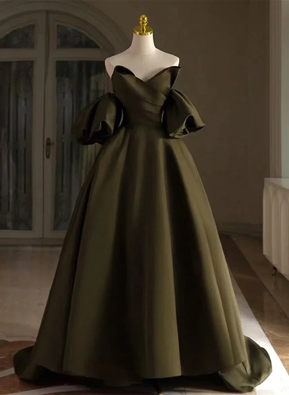 Green Satin Off Shoulder Short Sleeves Party Dress, Long Green Satin Prom Dress Tunics Review highly
