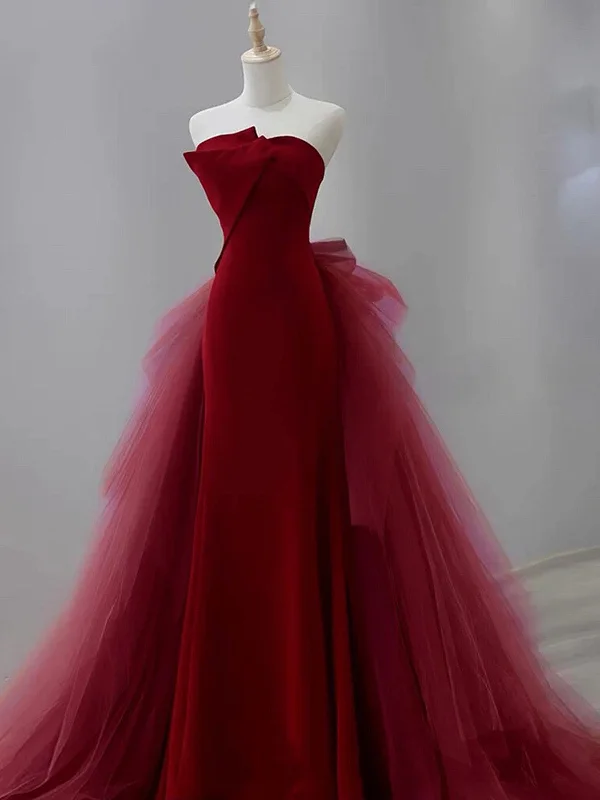 Wine Red Satin and Tulle Long Party Dress, Strapless Wine Red Formal Dress Tunics Lace romantic