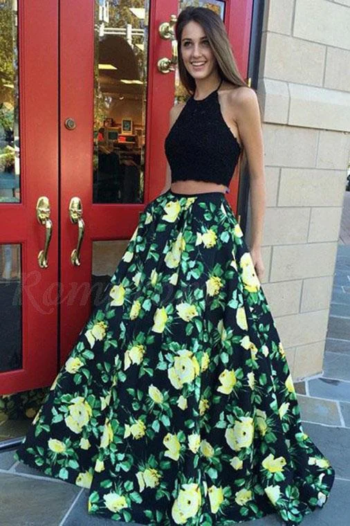 Halter Two Piece Prom Dress with Lace Pleats Floral Print Party Dress DMQ91 Chiffon Maxi Beach
