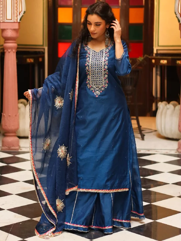 Divena Blue Solid Chenderi Kurta Skirt Set with Dupatta slim fit skirt