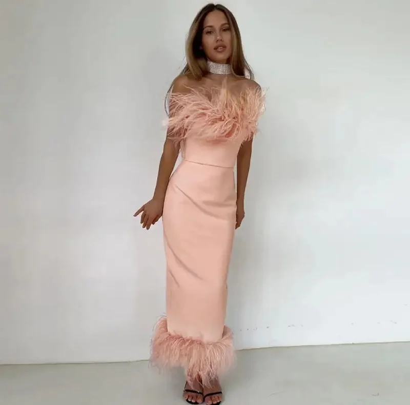 Women's strapless feather mid-length party dress L B-48040 Crew Neckline Casual
