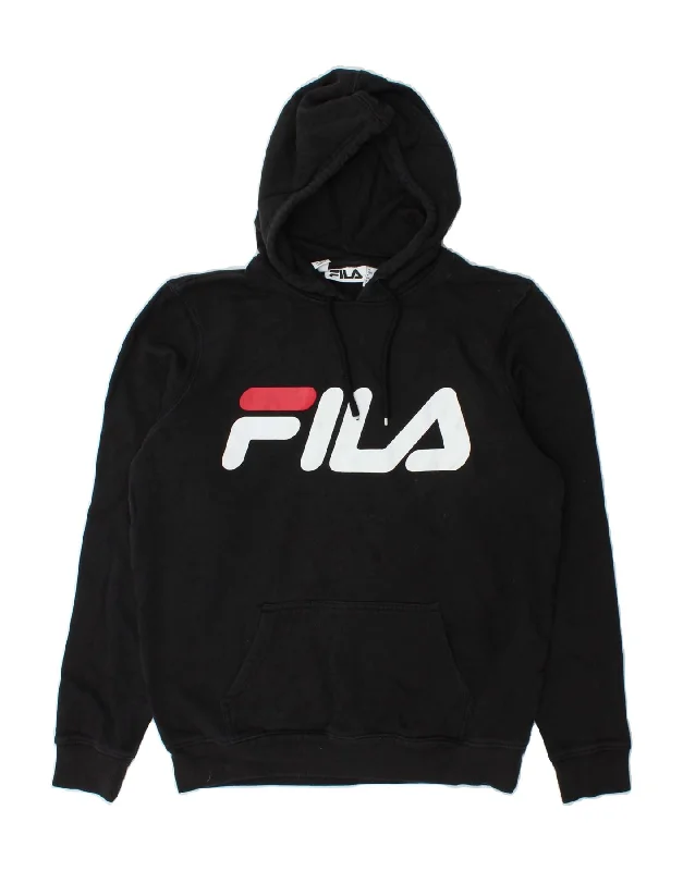 FILA Womens Graphic Hoodie Jumper UK 16 Large Black Cotton Hoodie with Front Slit Layering Stylish