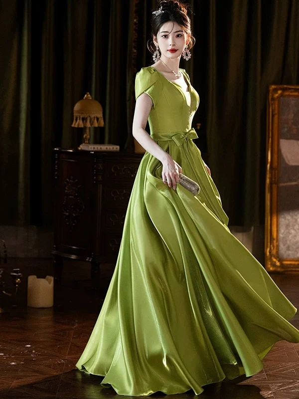 Lovely Green Satin Simple Short Sleeves Party Dress, A-line Green Satin Prom Dress Bodycon Fitted Nightout