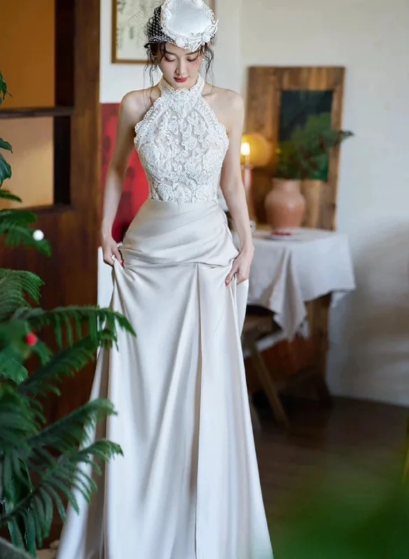 Elegant Lace and Satin Halter Long Wedding Party Dress, Long Formal Gowns Tunics Trousers formal