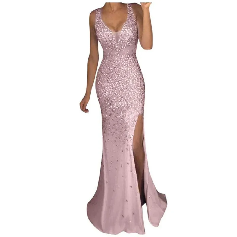 Fashion Women Sexy Backless Dress Ladies Deep V Elegant Sequin Prom Party Dress Gold Club Bridesmaid Sleeveless Long Dress Robe L S4646126 empire Waist empire