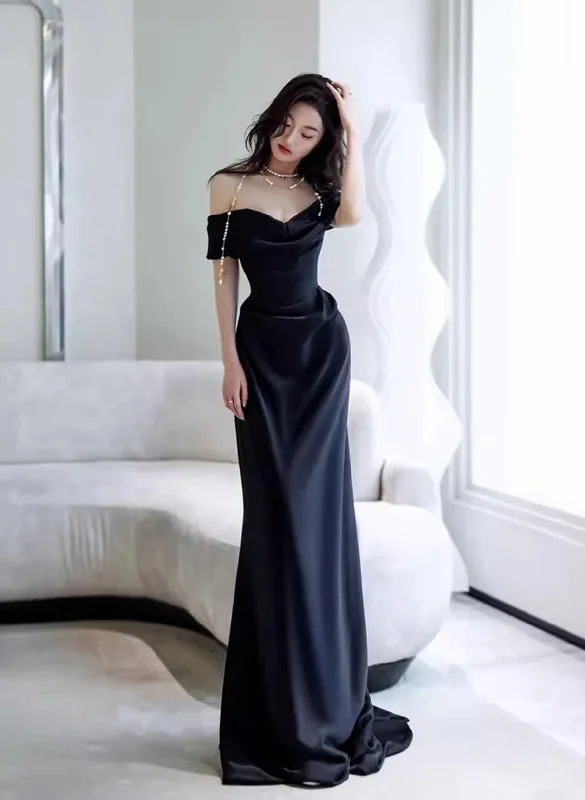 Elegant Black Off Shoulder Long Formal Gown, Black Satin Prom Dress Party Dress Bodycon Fitted Nightout