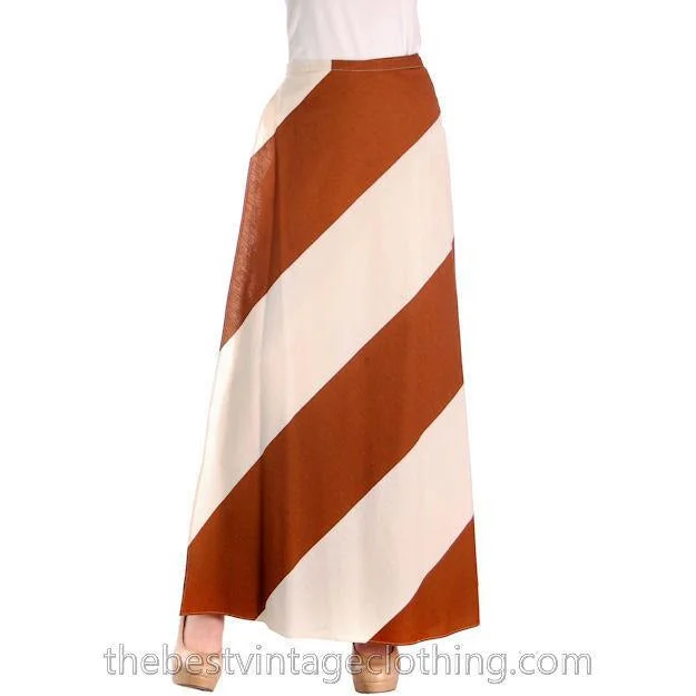 Vintage Vuokko 1970s METSÄ Awning Stripe Maxi Wrap  Skirt Brown Ivory M linen skirt airy