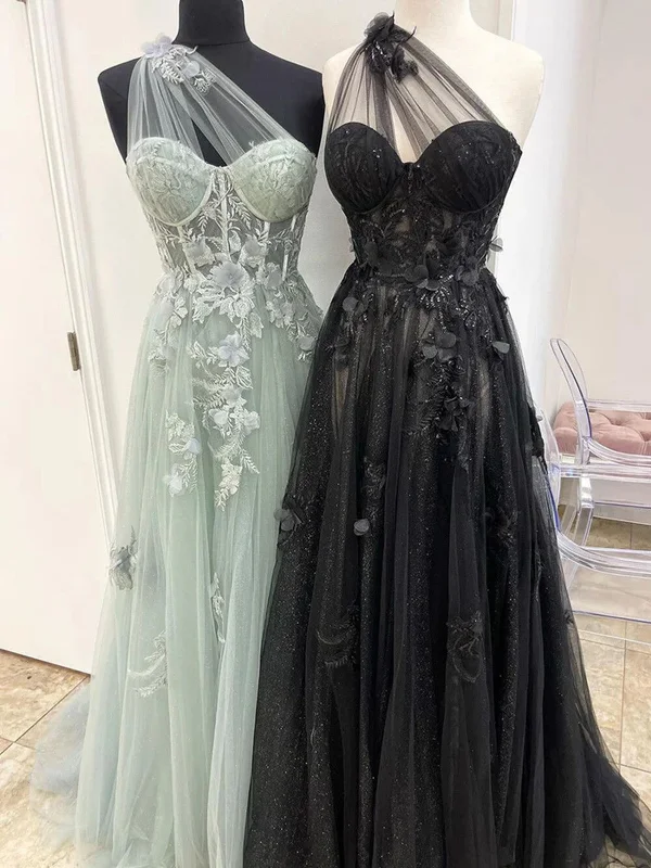 One Shoulder Tulle with Lace Applique High Slit Party Dress, Tulle Formal Prom Dress Boat Neckline Classic