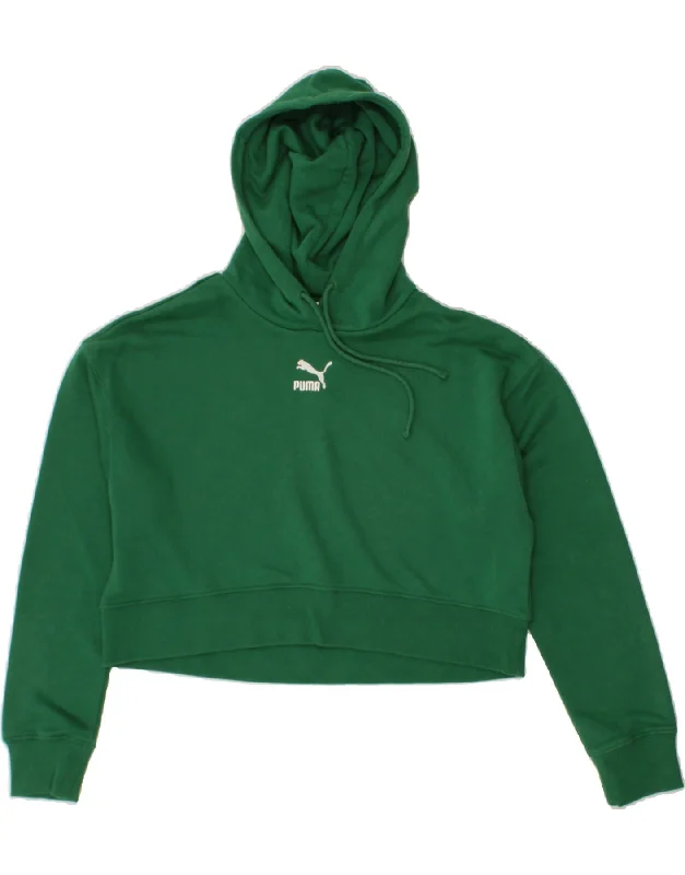 PUMA Womens Oversized Crop Hoodie Jumper UK 10 Small Green Cotton Hoodie with Applique Textured Unique