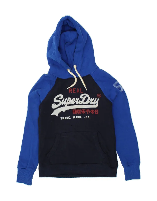 SUPERDRY Womens Graphic Hoodie Jumper UK 10 Small Navy Blue Colourblock Hoodie with Typography Text Message