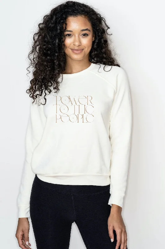 'Power To The People' - Soft-Fleece Sweatshirt - Cream Hoodie with Rolled Sleeves Casual Relaxed