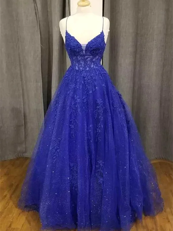 Royal Blue Tulle with Lace Applique Straps Long Party Dress, Royal Blue Prom Dress Pencil Length Work
