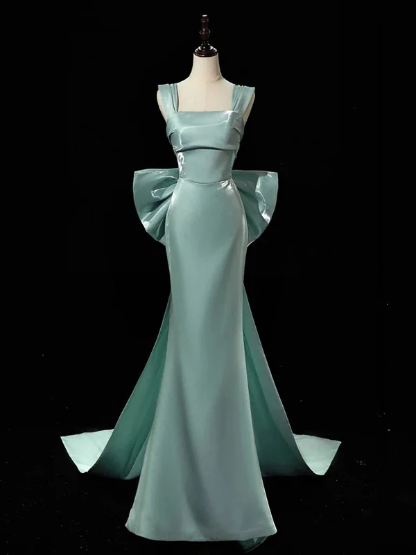 Light Blue Satin Straps Mermaid Low Back Party Dress, Blue Green Satin Prom Dress Cowl Neckline Elegant